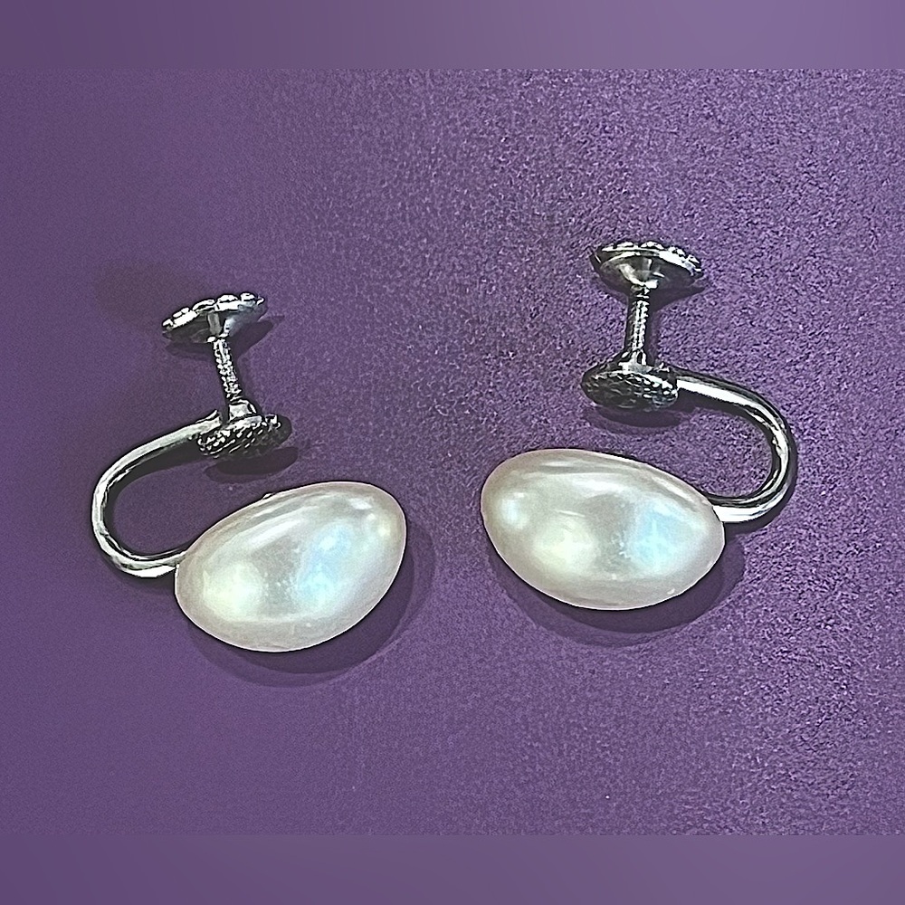Vintage Richelieu Sterling Silver Glass Faux Pearl Screw Back Earrings